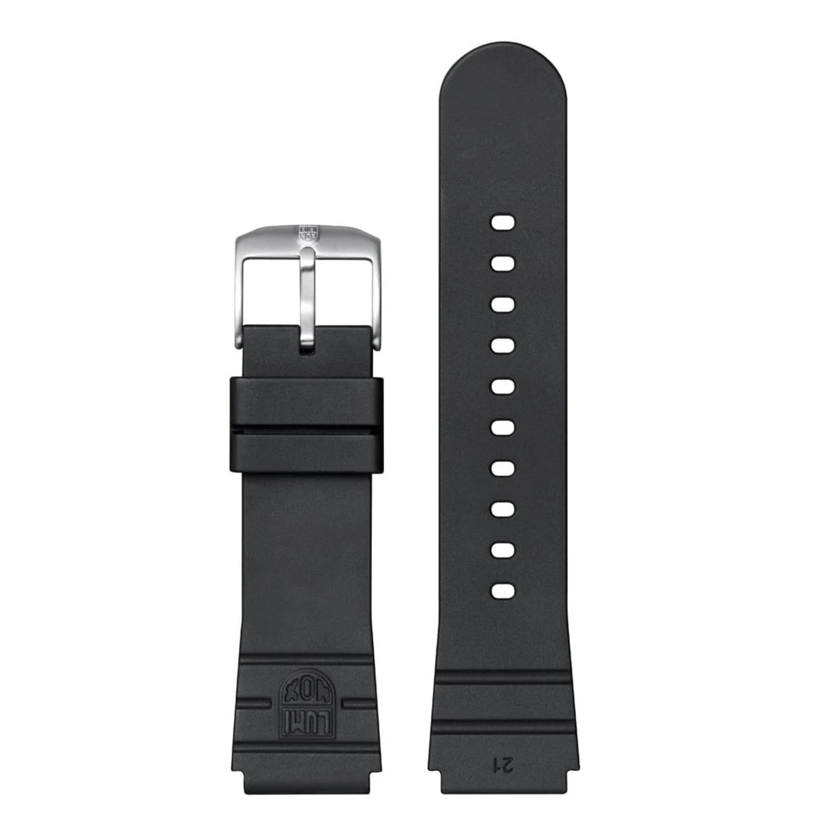 Black rubber watch strap with metal buckle and stitched adjustment holes
