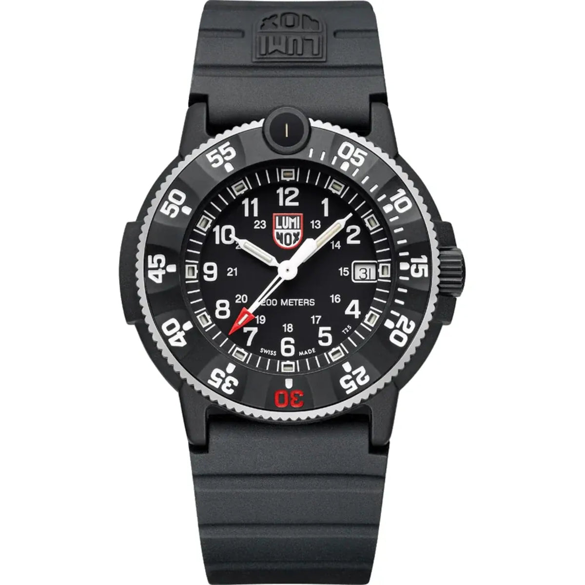 Men's black rubber quartz dive watch with black dial and luminous hour markers