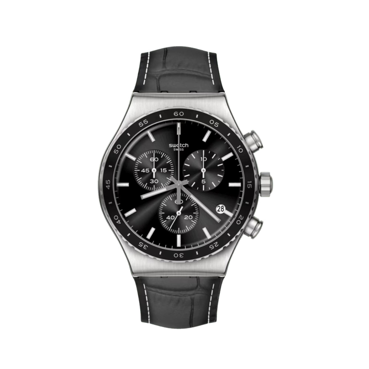 Black dial Swatch men’s chronograph watch with three subdials and black leather strap