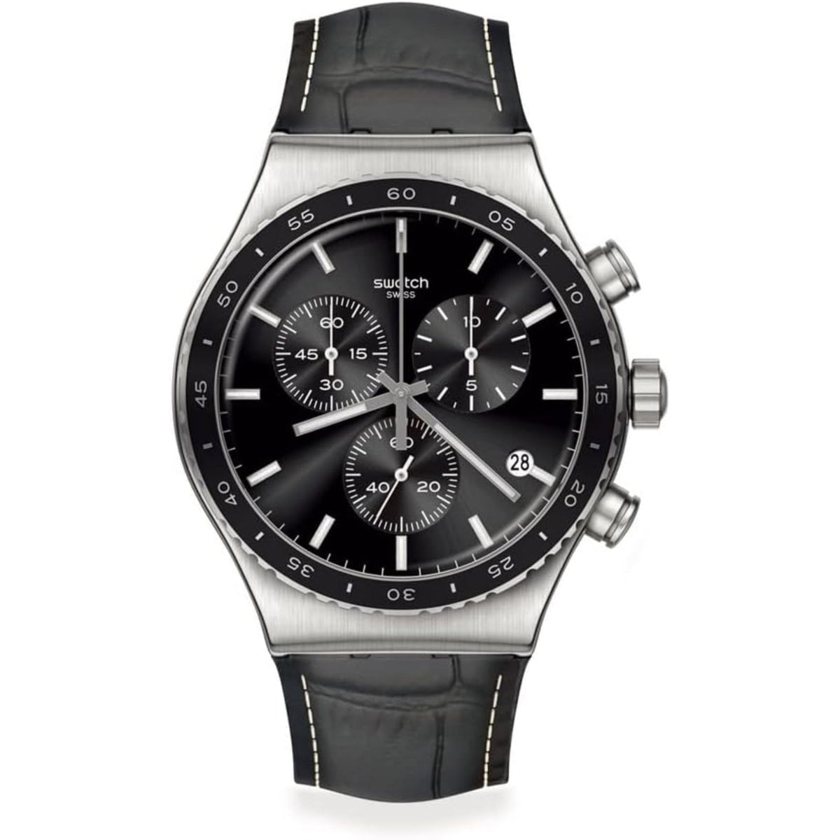 Swatch men’s chronograph watch with black dial, tachymeter ring, and leather strap