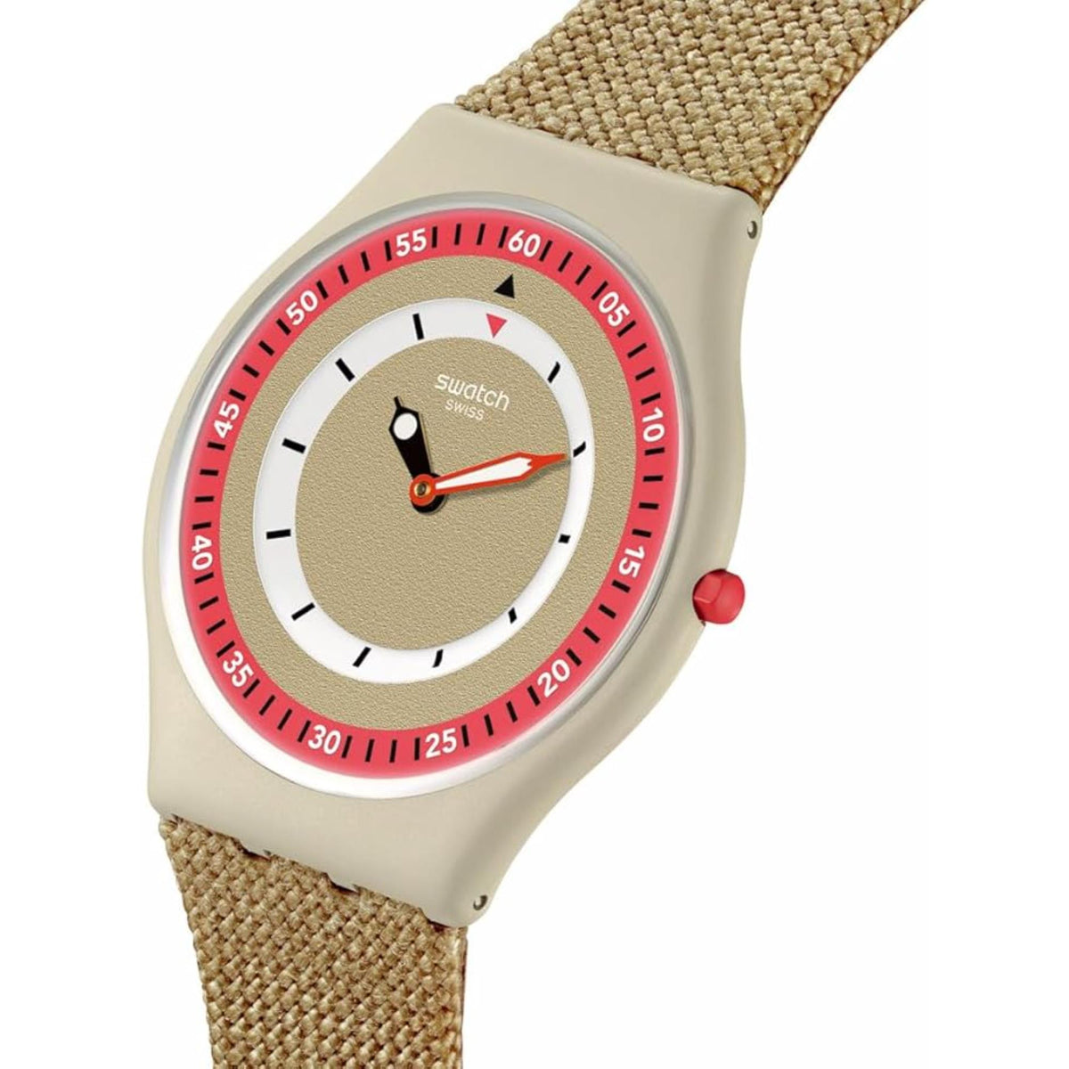 Close-up of women’s watch dial: tan center, white ring, red track, red hands