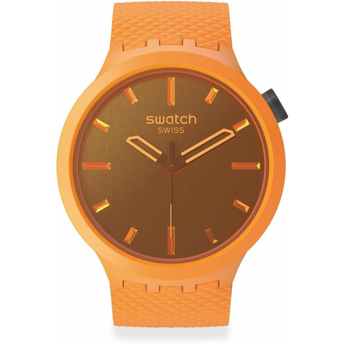 Orange Swatch silicone watch with dark dial and gold hour markers, three-hand design