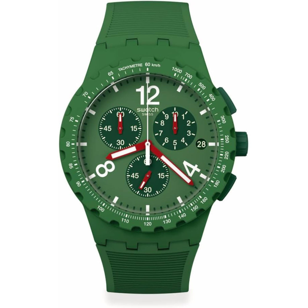 Green chronograph men’s watch with large 12 and 4 numerals, red chronograph hands.