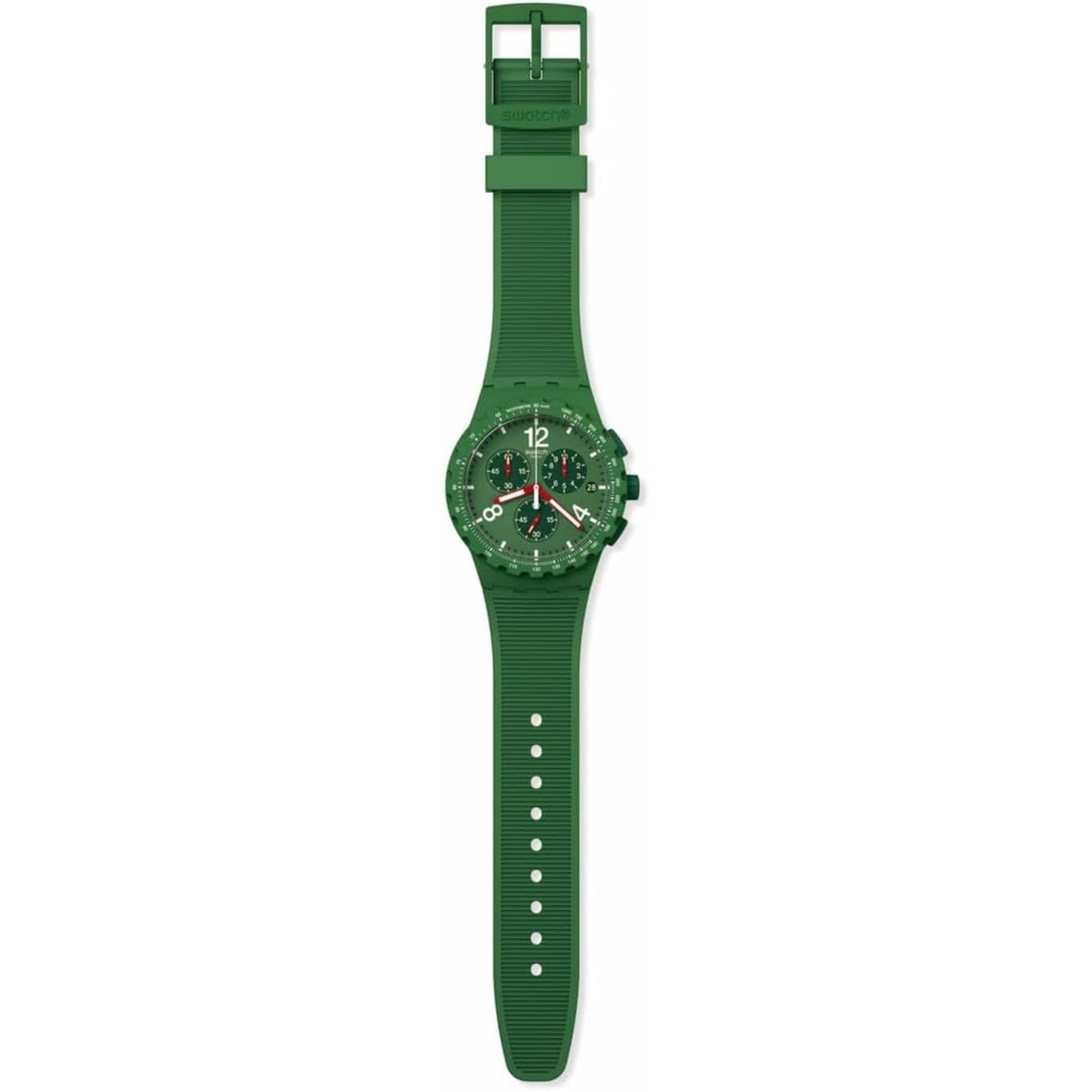 Green chronograph watch on silicone strap with buckle; multi-dial face centered.