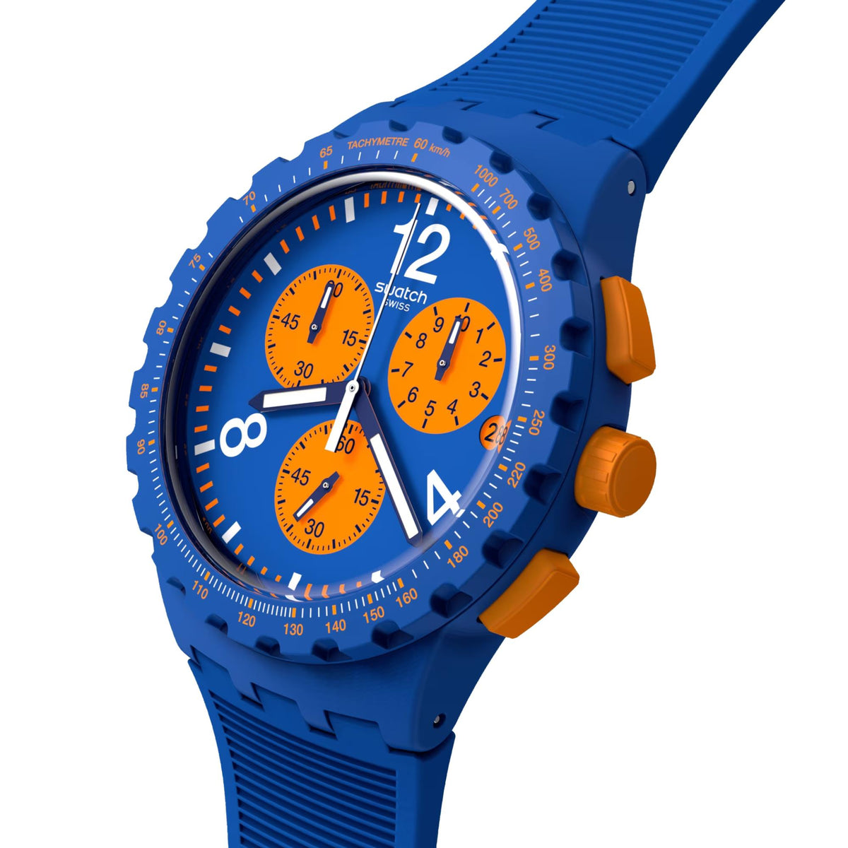 Blue chronograph watch angled view: orange pushers, orange subdials, blue silicone strap