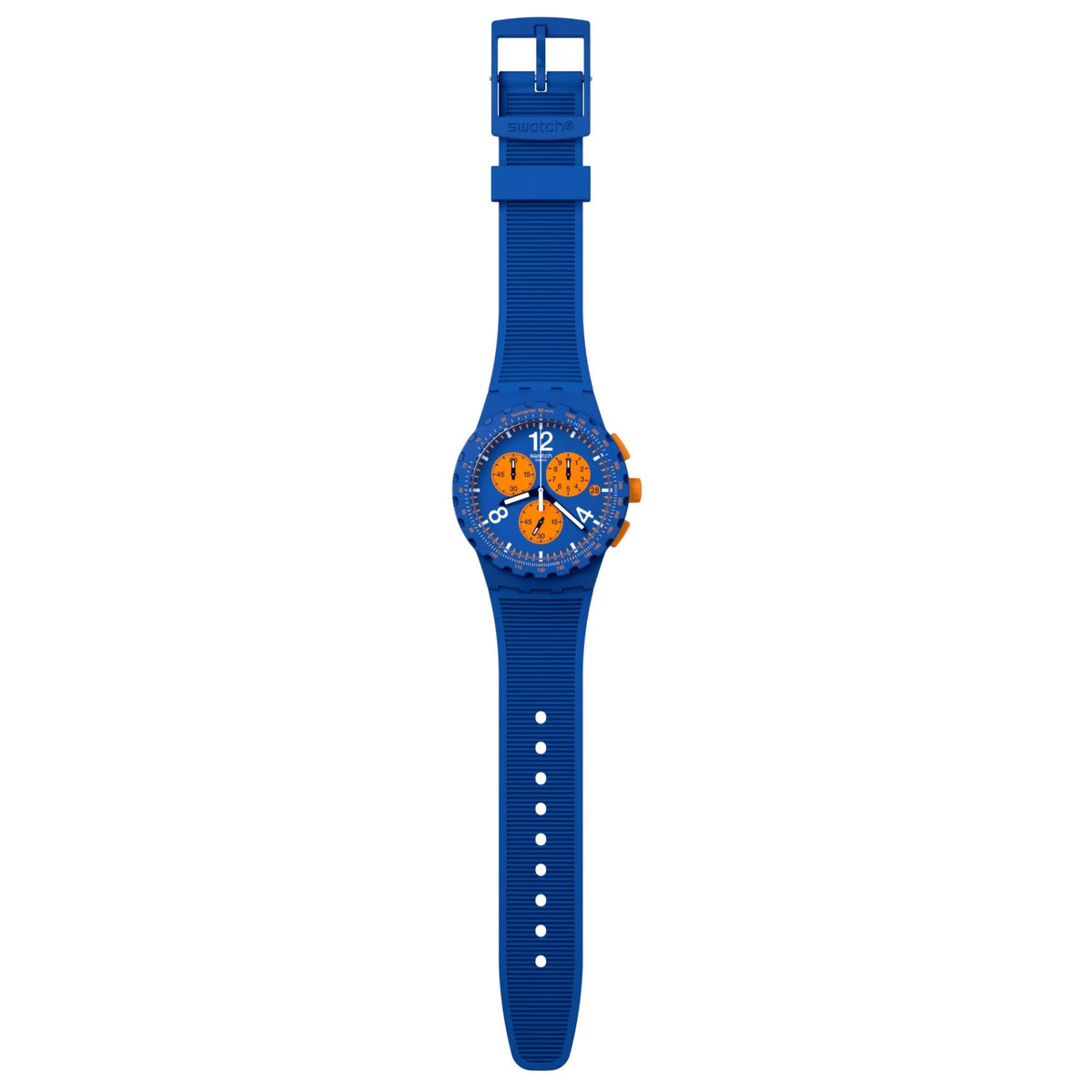 Blue chronograph wristwatch with orange subdials on silicone band, front view