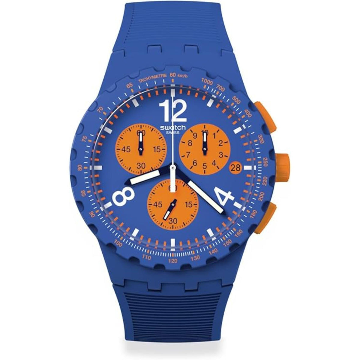 Blue chronograph men’s watch, orange pushers, orange subdials, silicone band