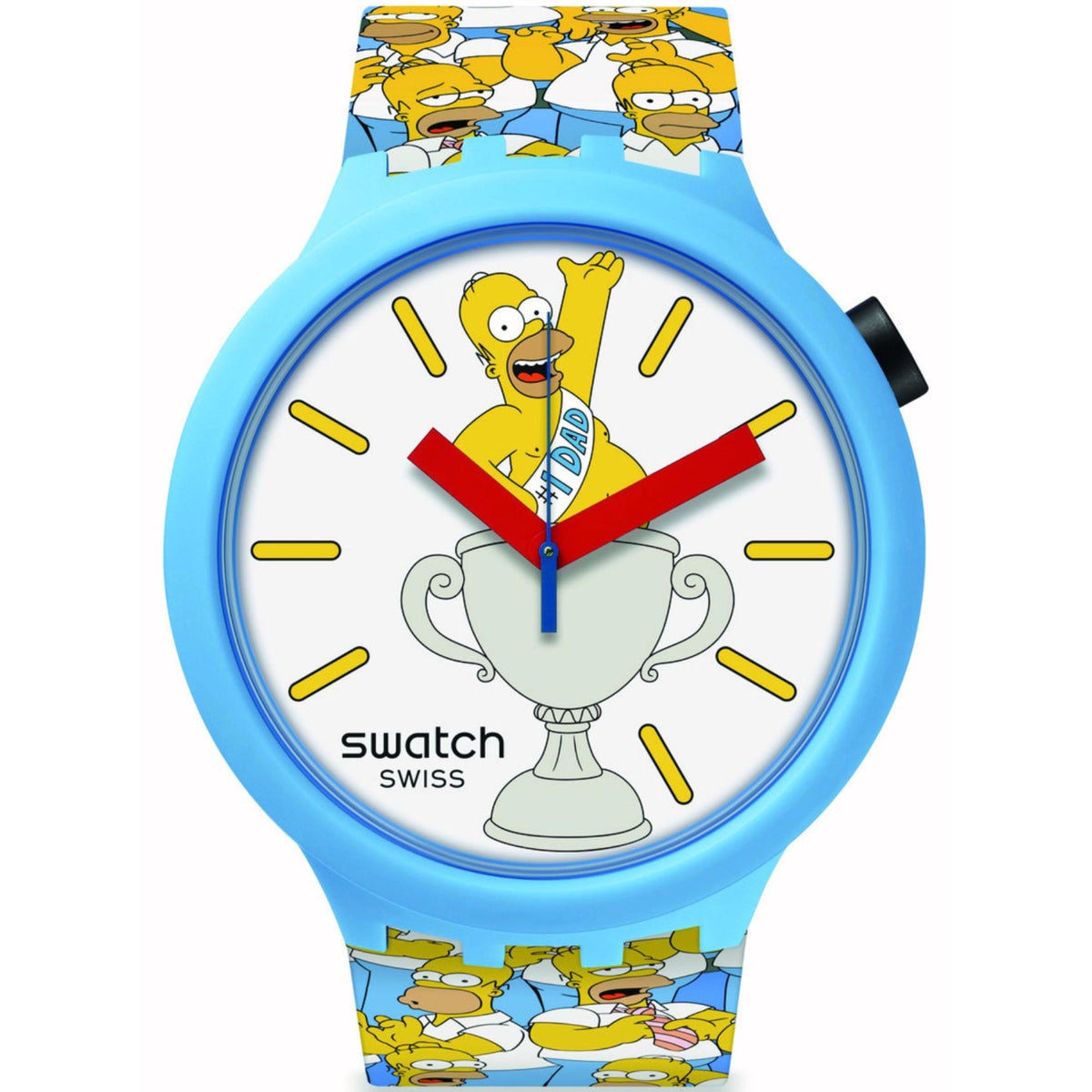 Light blue Swatch silicone watch with white dial, Dad character center and gold-tone hour marks