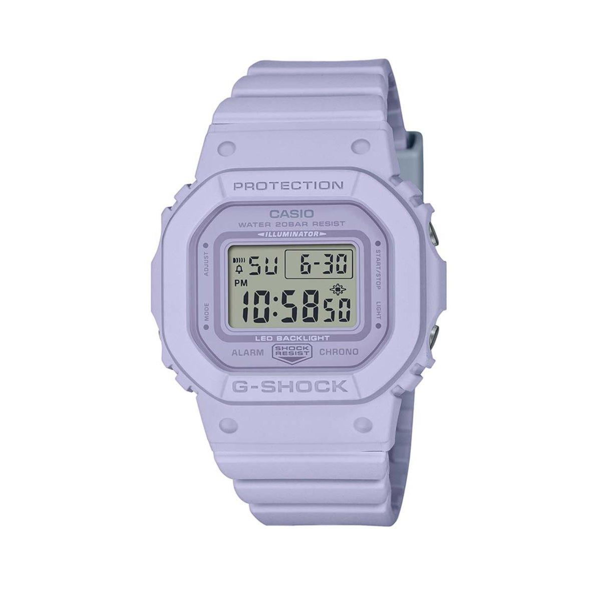 Lilac Casio G-Shock digital wristwatch, close-up front with resin strap and LCD display