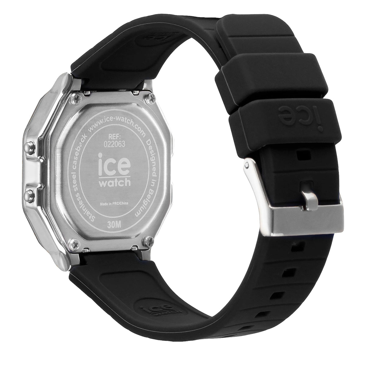 Digital ice watch back view with black silicone strap, silver case screws and branding