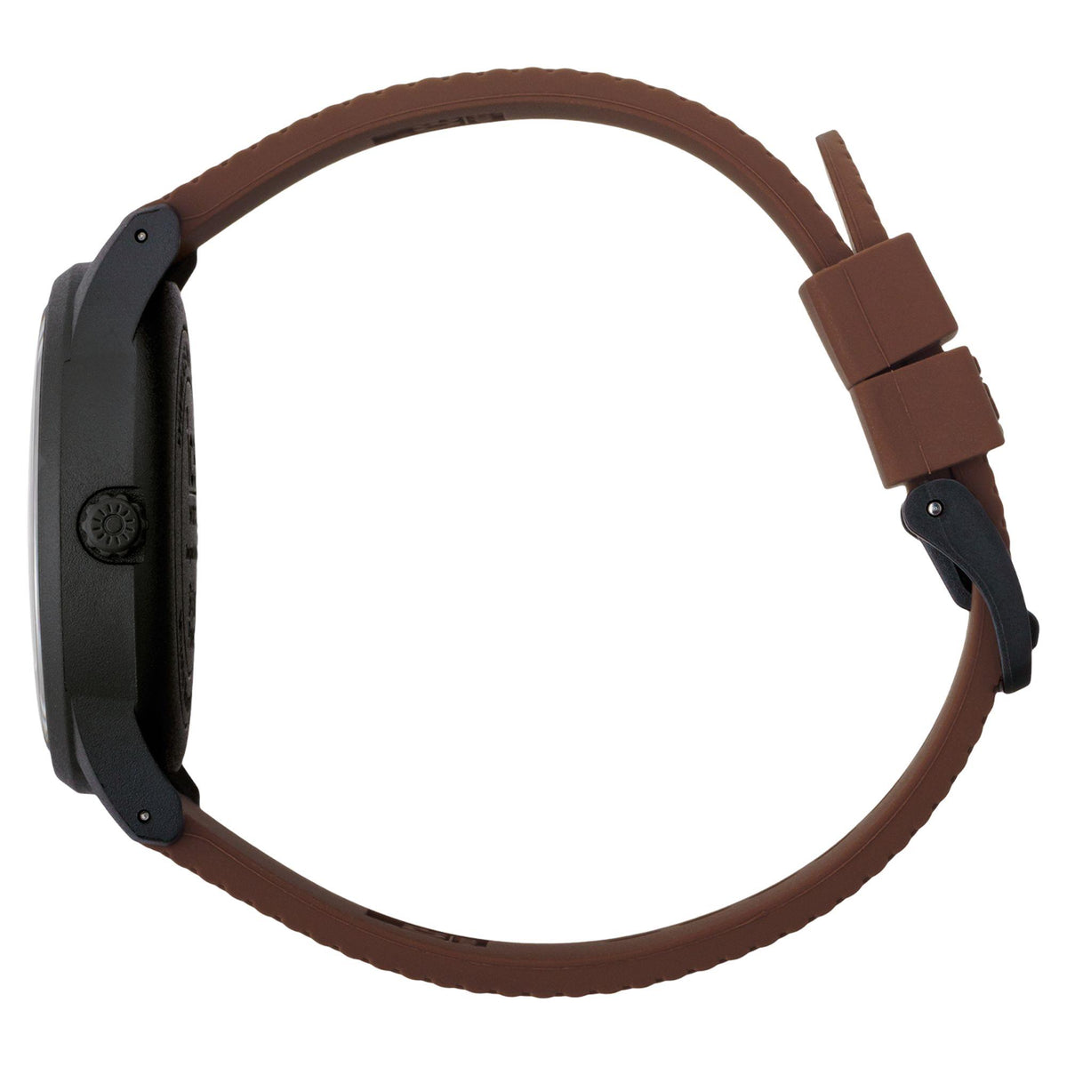 Brown rubber strap with black case and crown, rear angle view