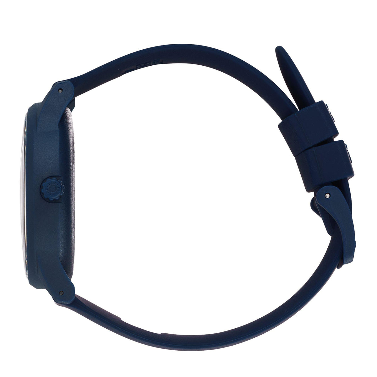 Blue silicone strap watch, rear angle showing strap loops, buckle, and holes