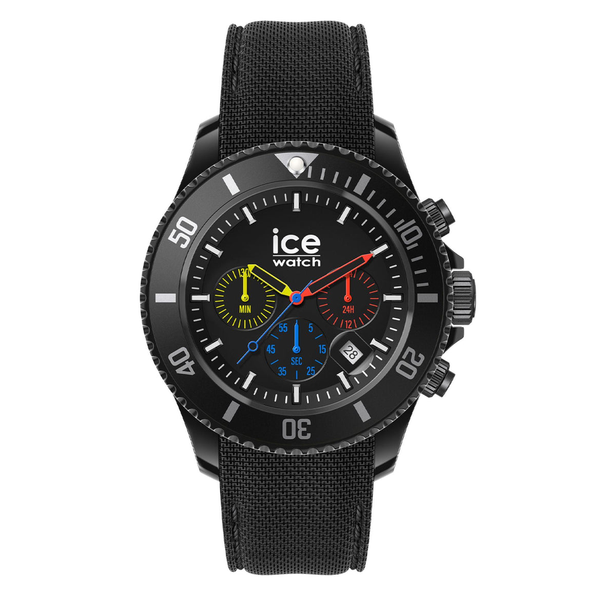 Black chronograph watch front view with yellow, orange, and blue dial accents and black bezel.