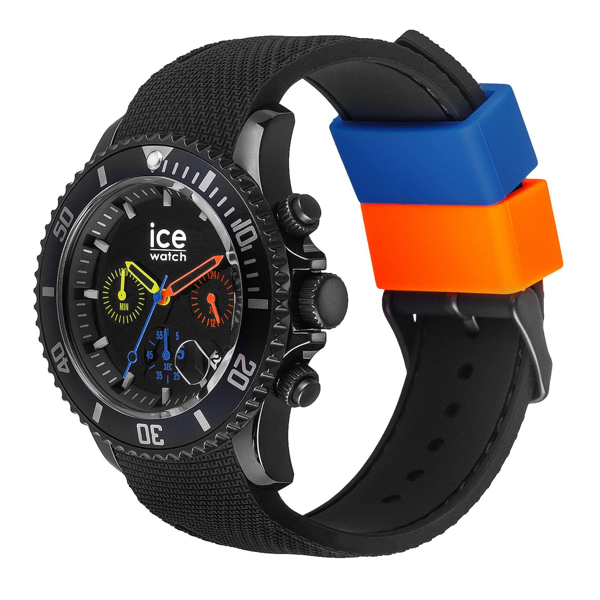 Black chronograph watch with black strap and blue/orange strap segment shown beside it.