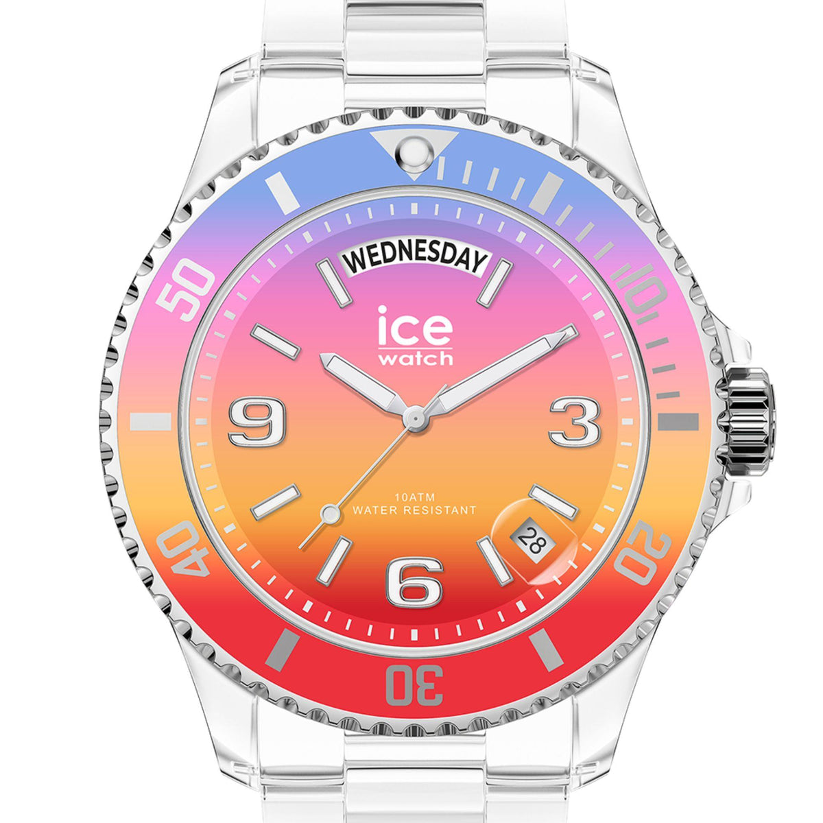 Clear silicone watch with silver case; multicolor dial, rotating bezel, date window