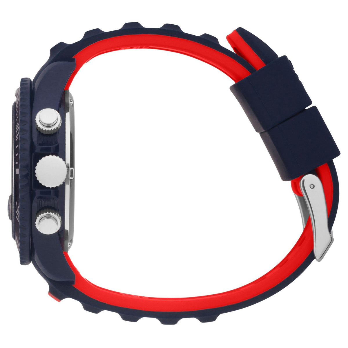 Chronograph watch back side with dark blue strap and red underside, metal backplate visible