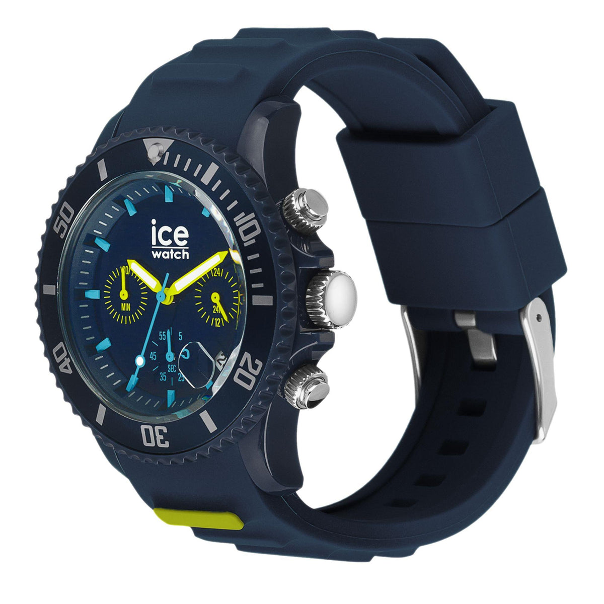 Blue chronograph watch side angle with lime bezel accents and silicone strap