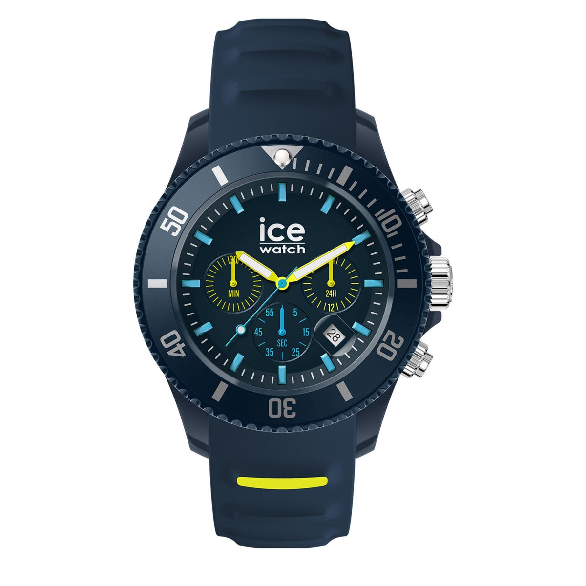 Blue chronograph watch front view with lime subdials and silicone strap