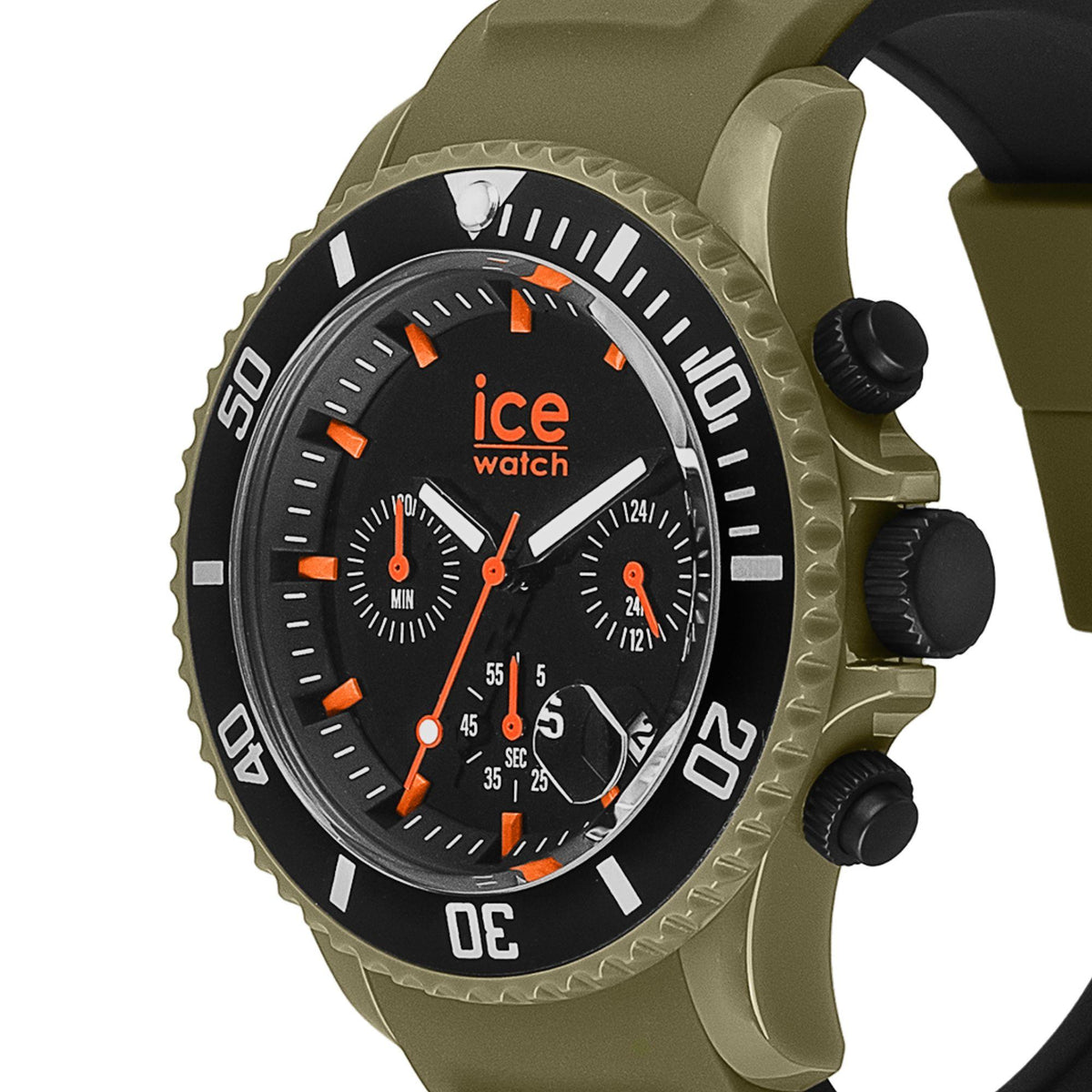 ICE Watch chronograph watch with khaki bezel, black dial, orange accents, silicone strap
