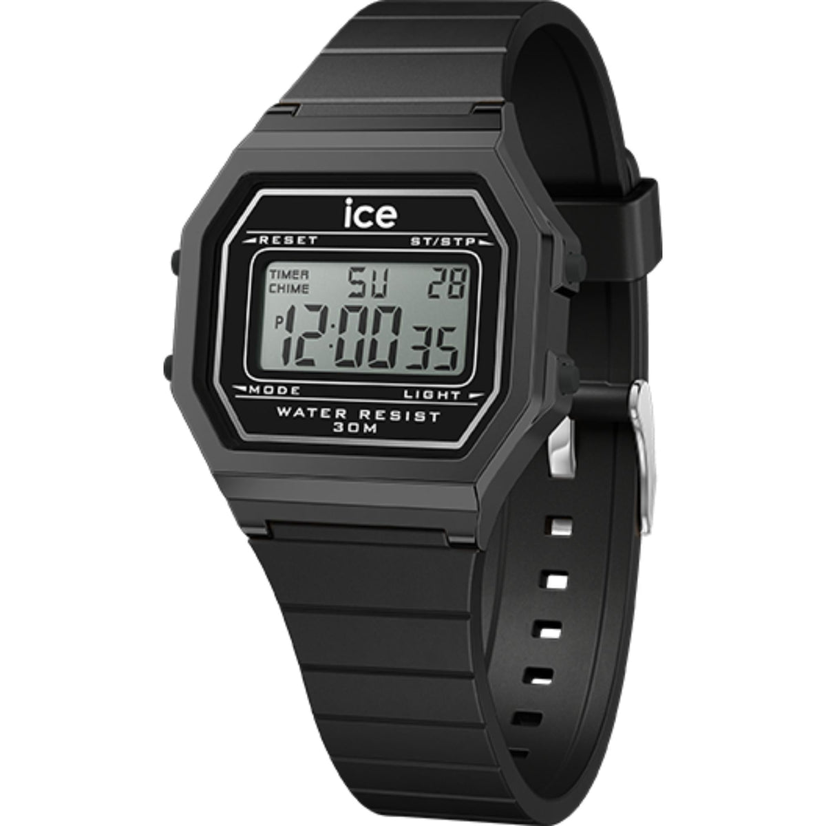 Black octagonal digital watch with silicone strap and LCD display, front view.