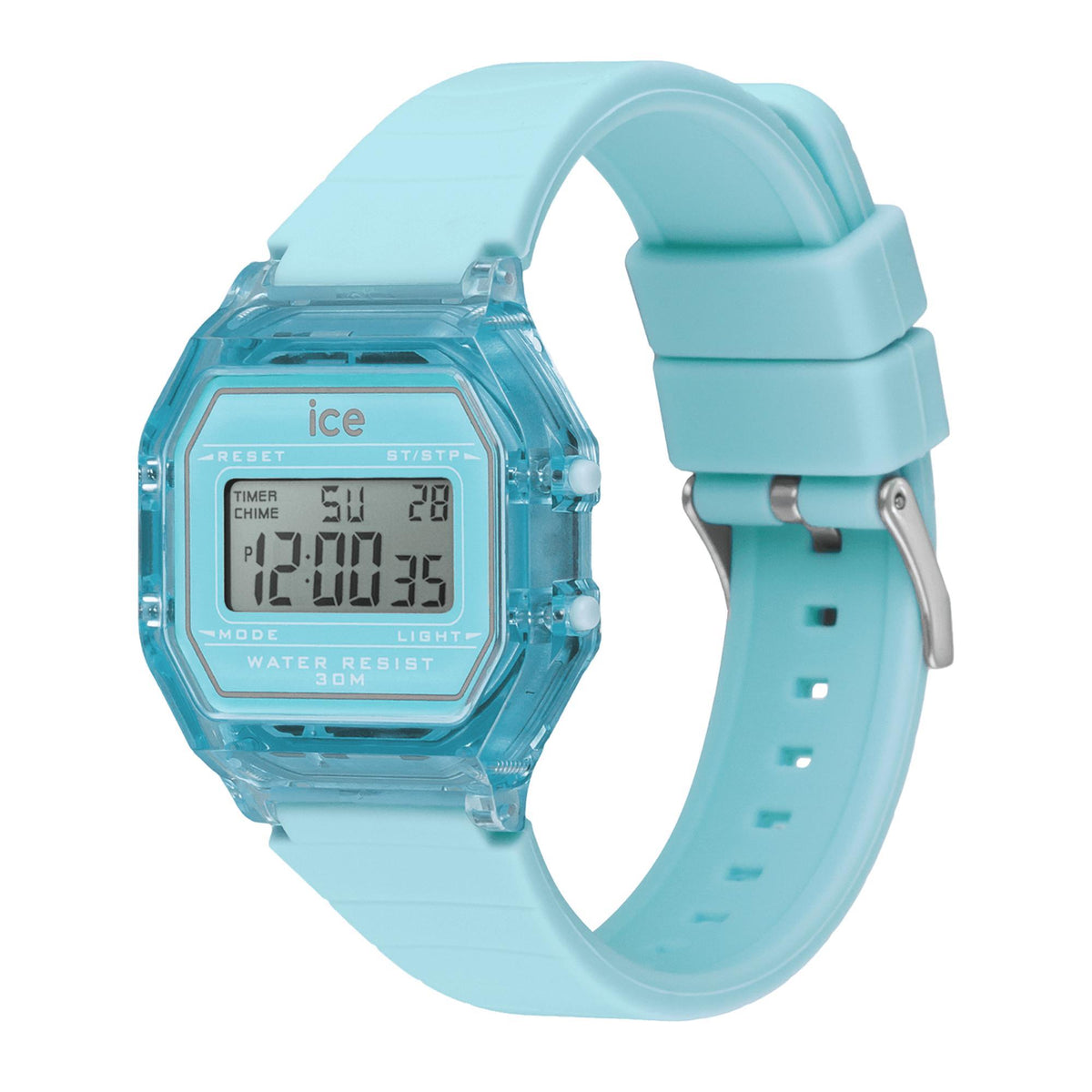 Men's sky blue digital watch with clear case and silicone band, angled front