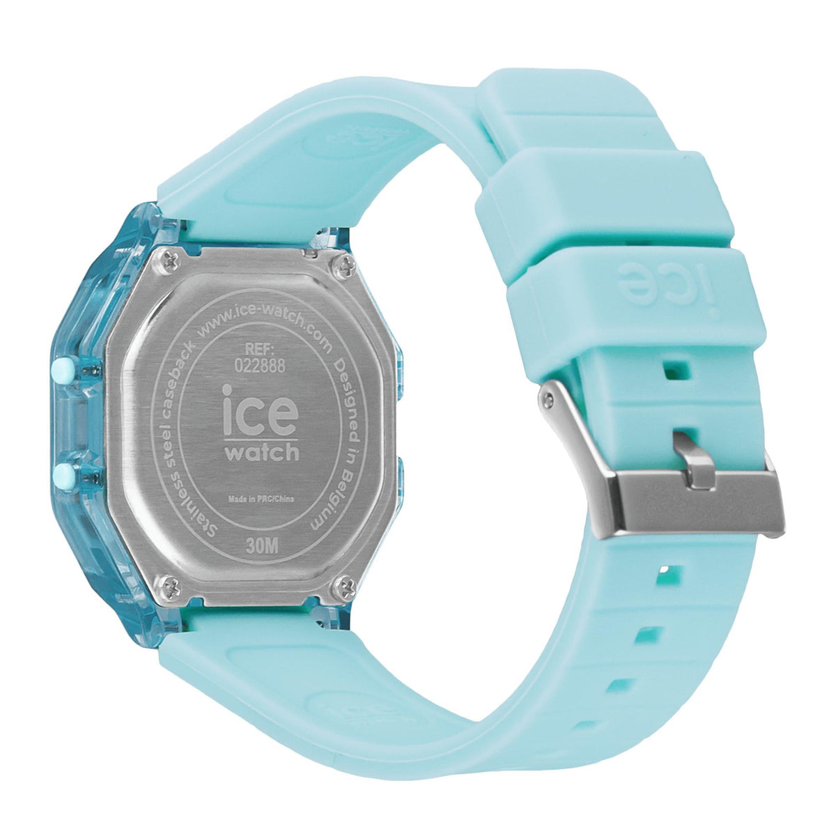 Men's digital watch with clear case back and sky blue silicone band; strap detail