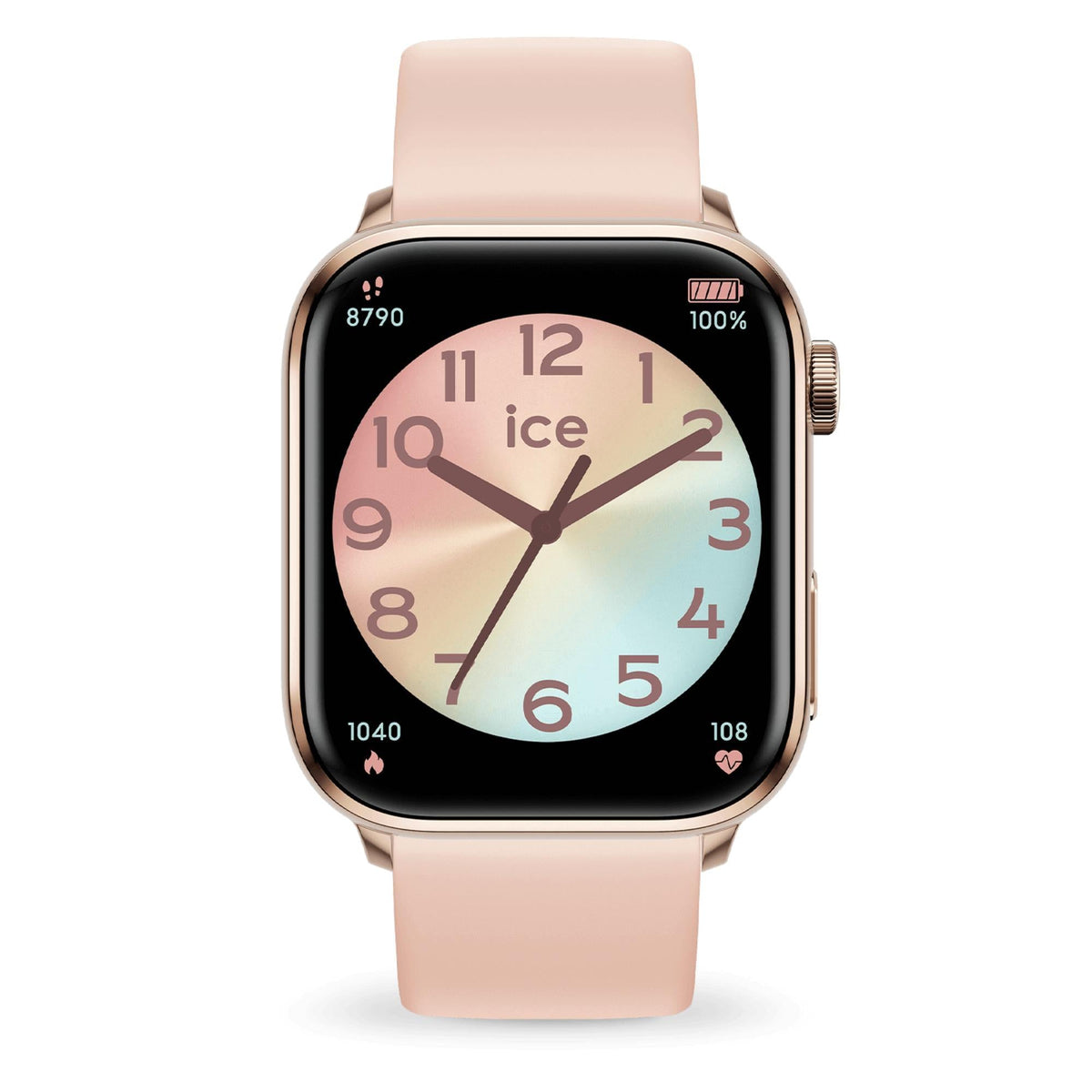 Rose gold smartwatch with nude pink silicone band and black AMOLED clock display with numbers