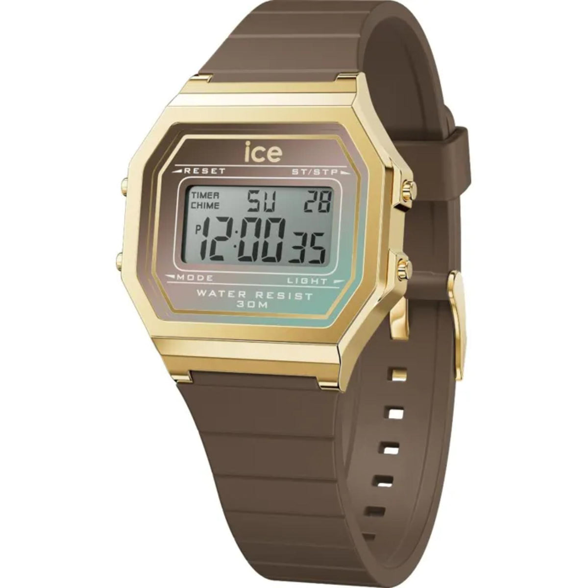 Women’s digital watch with dark mocha rubber strap, gold-toned case, side buttons and LCD