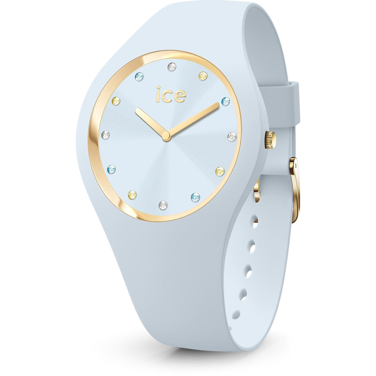 ICE small quartz watch, light blue silicone strap with cutouts, side view and gold crown