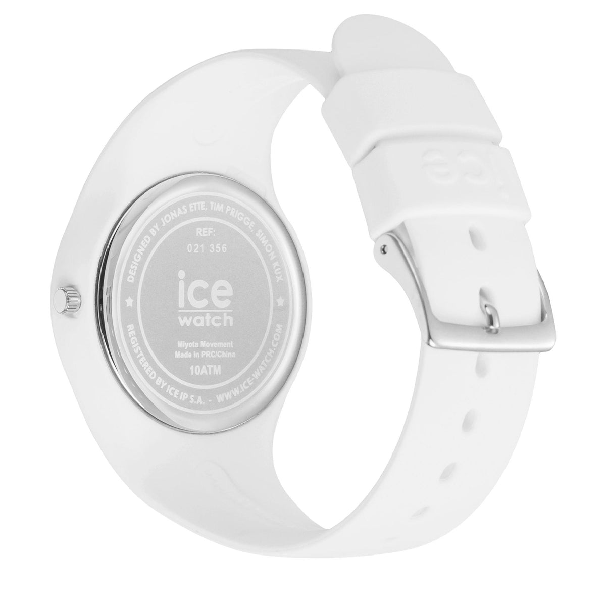 White silicone strap watch caseback with ice watch logo, REF 021-356, and silver rim