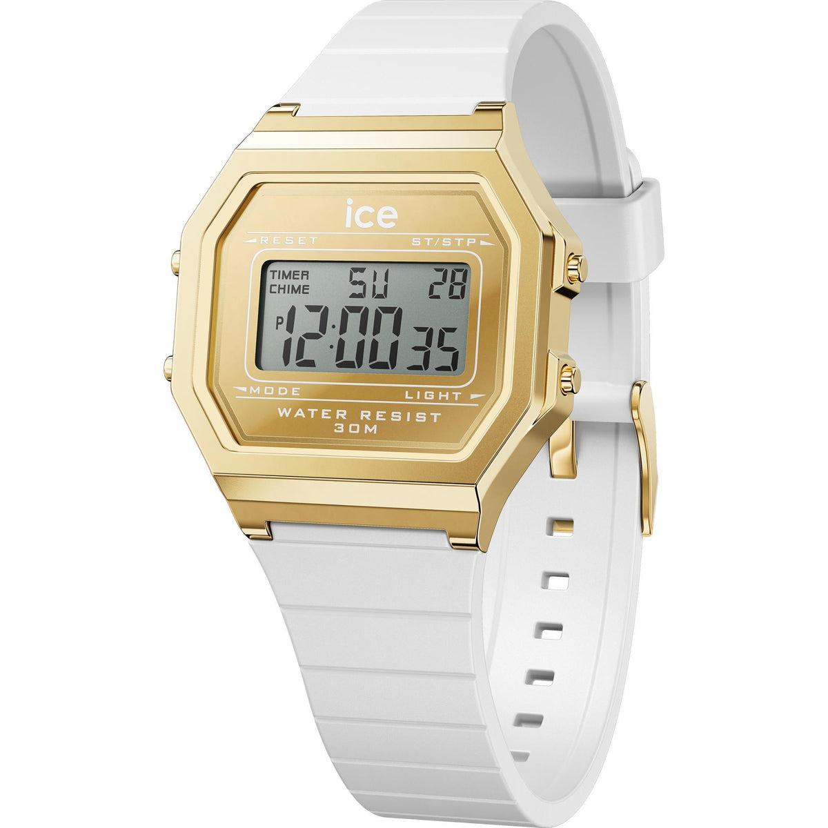 Gold digital watch with white silicone band, LCD time display, water resist 30M