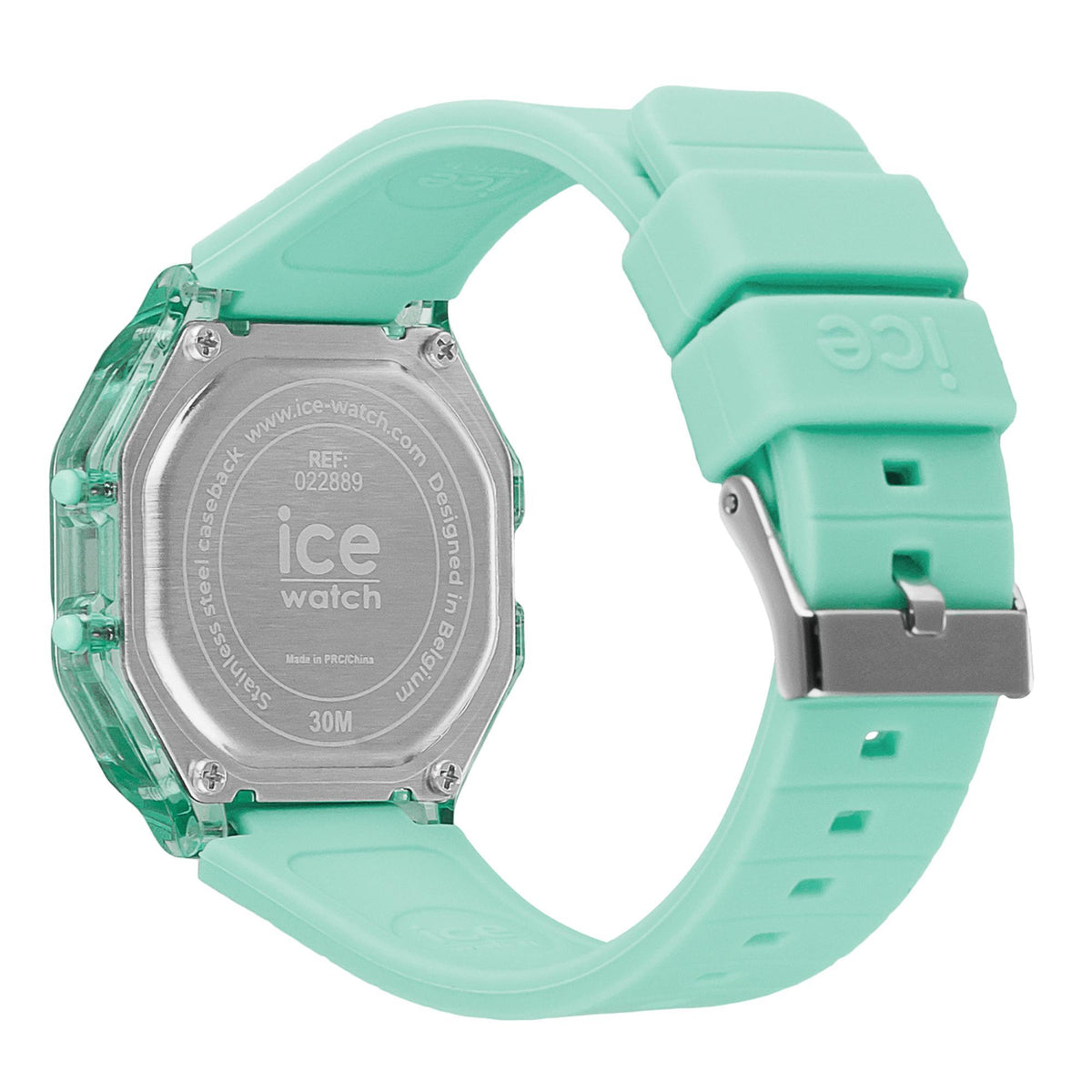 Mint green digital men’s watch with clear case back and silicone strap with buckle detail