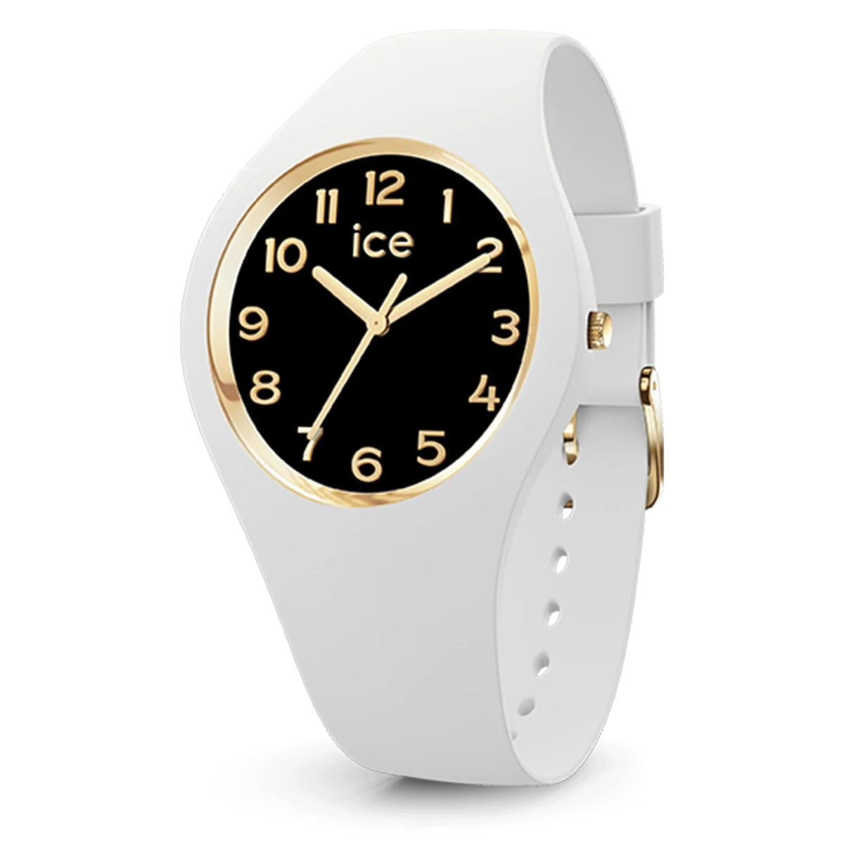 White silicone strap analog watch with black dial, gold rim, and three hands.