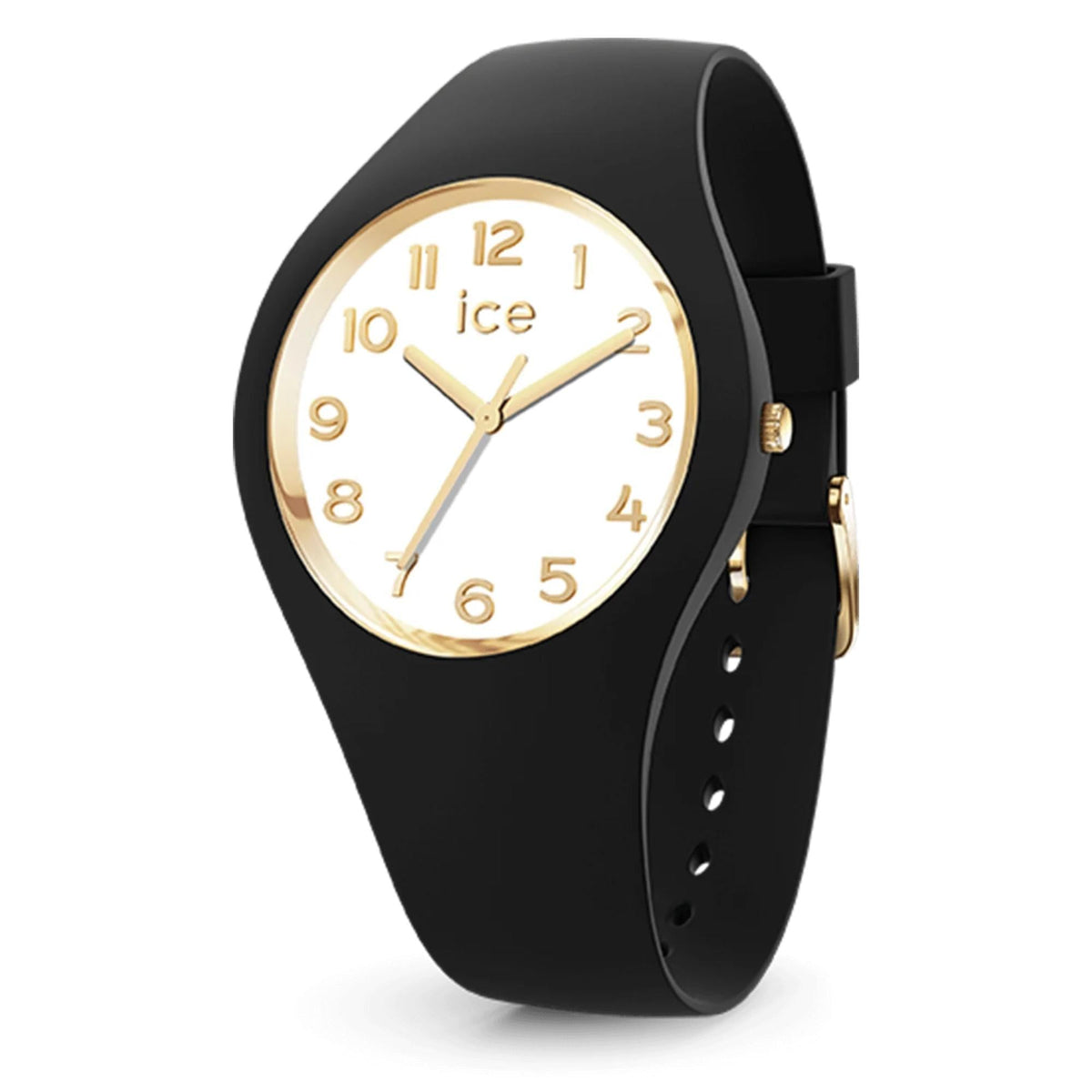 Women’s analog watch with black strap, circular cream face, gold hands and hour markers