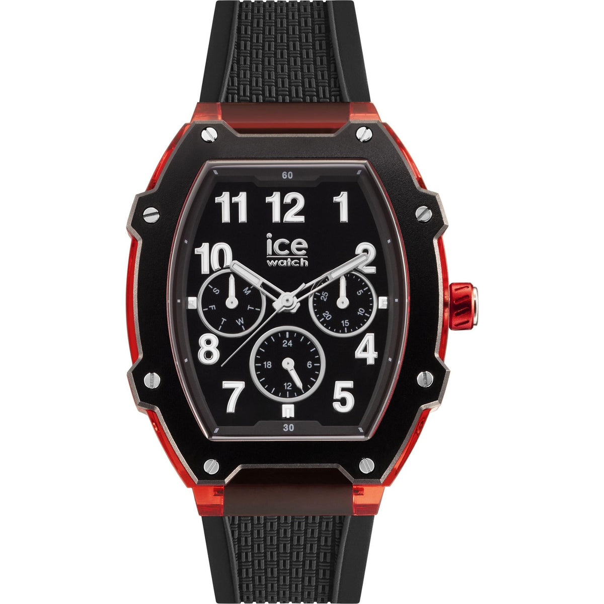 Women’s quartz watch with black dial and red bezel accents, textured black plastic strap