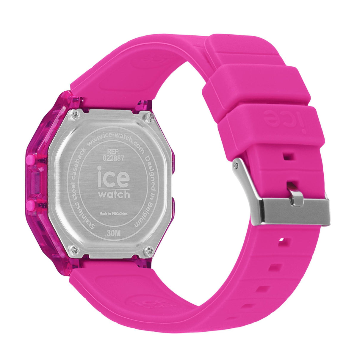 Silver ice watch back with neon pink silicone strap and metal clasp