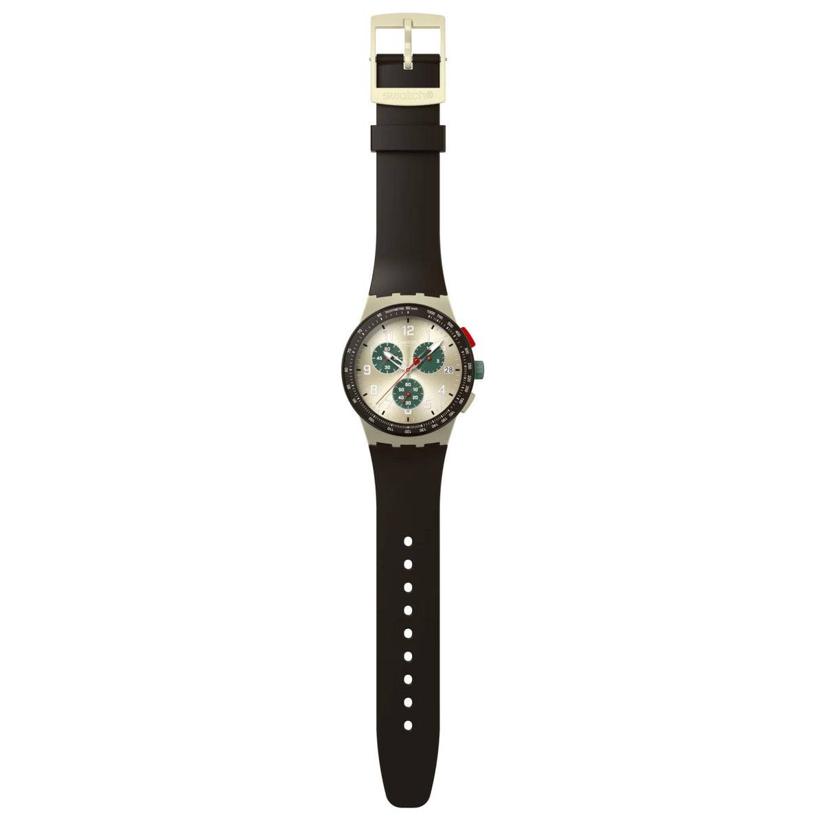 Straight-on quartz watch with black silicone strap and multicolor dial with red accents