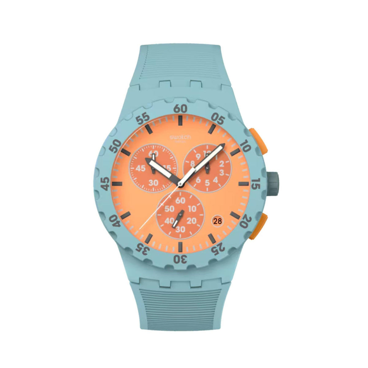 Quartz orange dial silicone strap watch, teal bezel and orange chronograph subdials