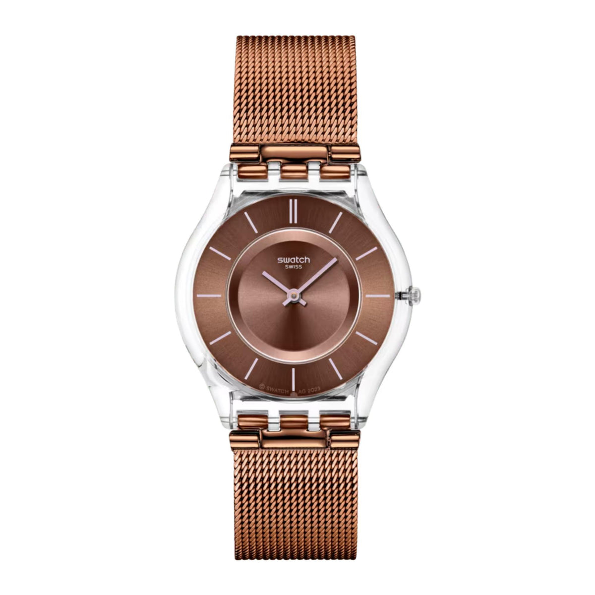 Men's quartz watch front view: brown dial, silver bezel, rose-gold links, mesh strap