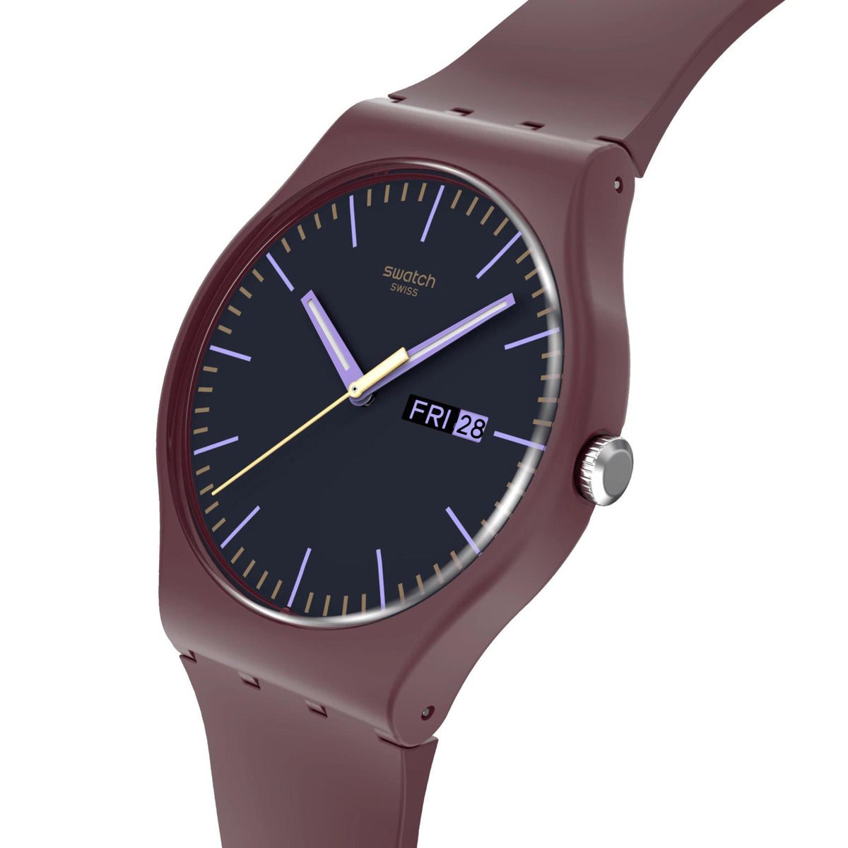 Men's watch close-up: burgundy strap and dark navy dial with purple hour markers and date.