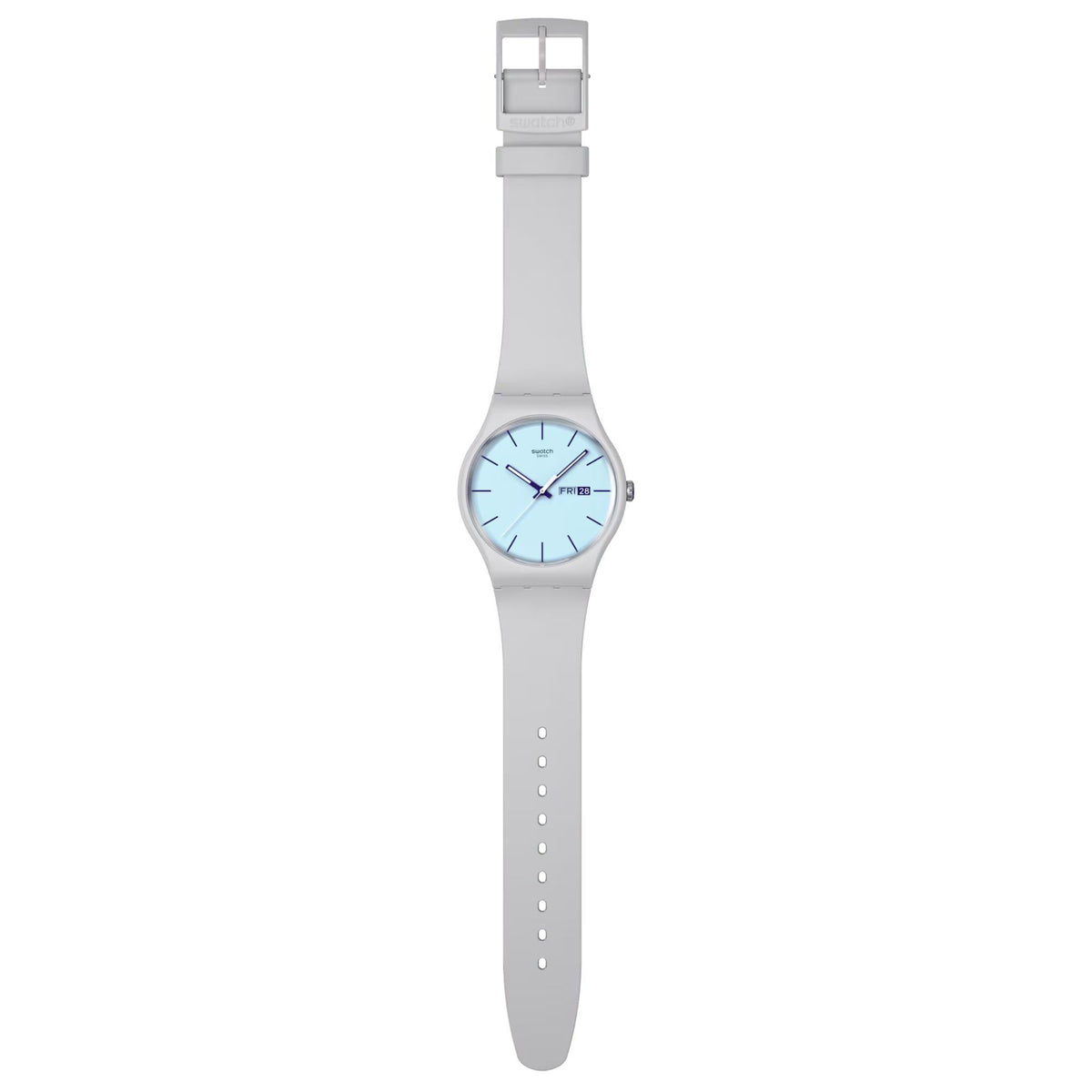 Full view of blue dial quartz watch with gray silicone strap, analog face and Fri 28