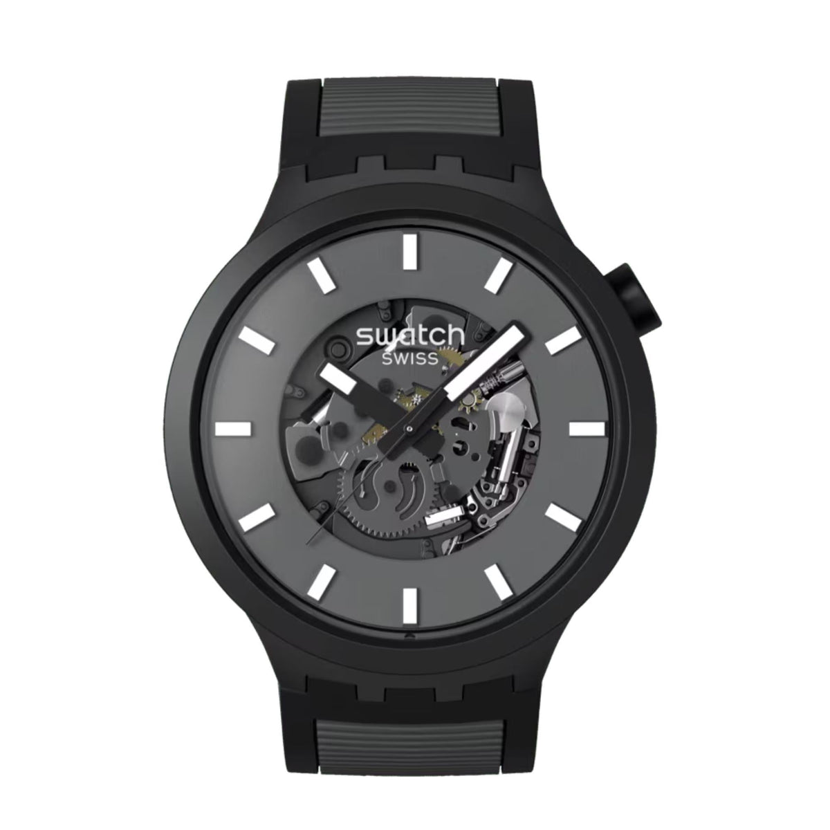 Men's black quartz skeleton-dial watch with baton markers and black rubber strap, front.