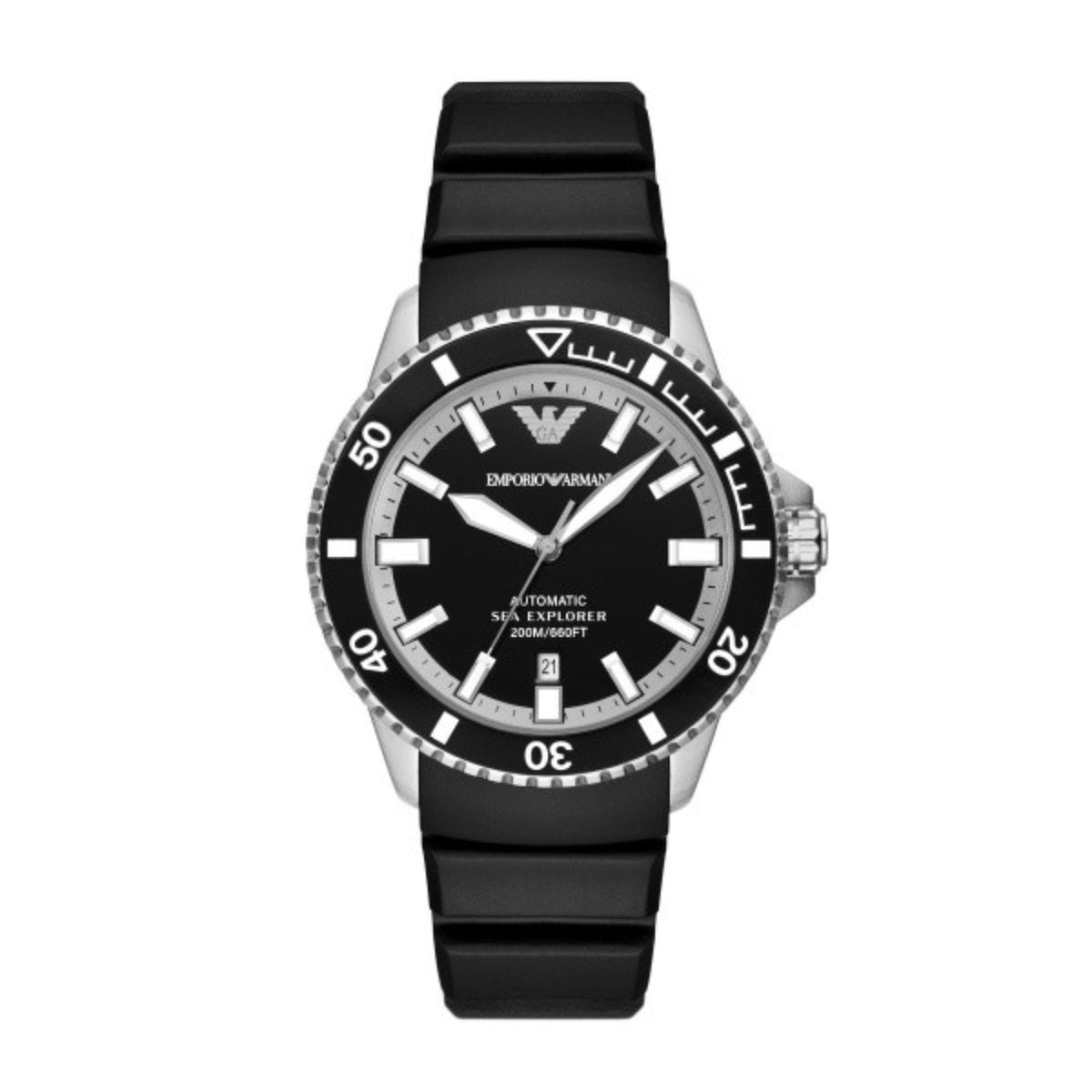 Front view of the Emporio Armani Sea Explorer AR60078 timepiece highlighting the black diver bezel and rubber strap
