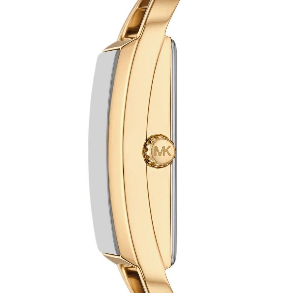 Gold-tone women’s watch bracelet side profile with polished metal case