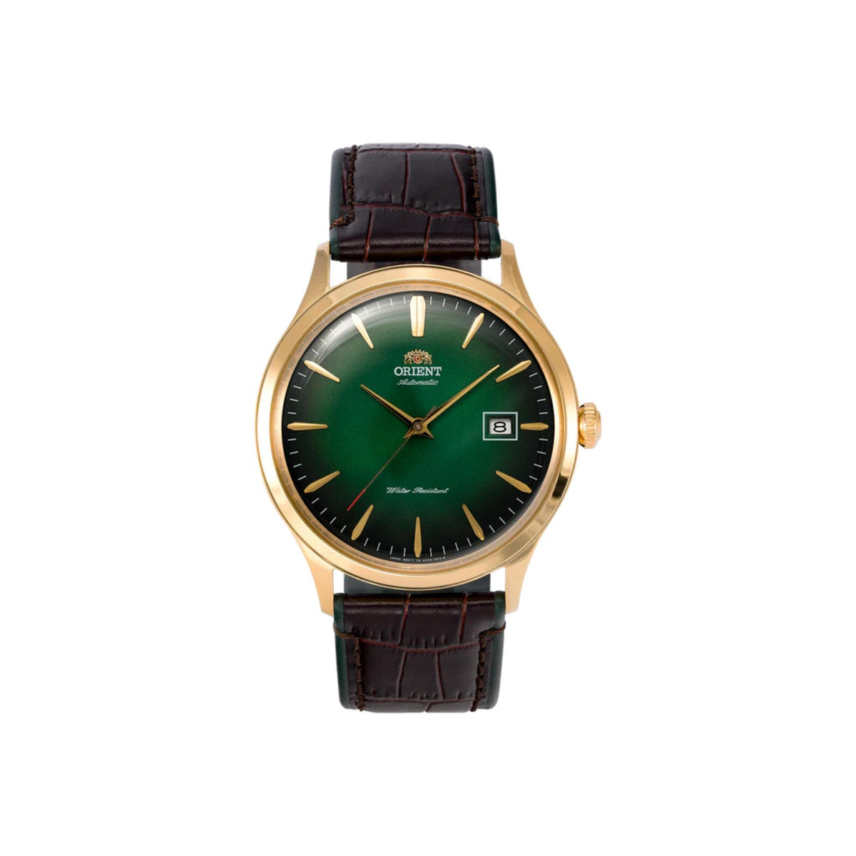Orient Bambino automatic watch with green dial and dark brown leather strap, gold case