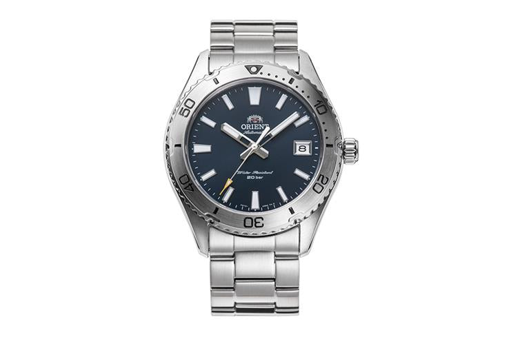 Men's automatic watch with blue dial and silver steel bracelet, crown at right