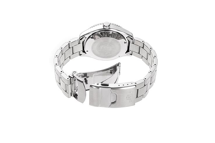 Steel watch clasp and caseback, displaying strap adjustment holes and links