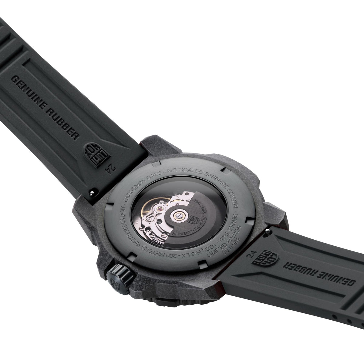 Men’s automatic watch case back with black rubber strap and engraved bezel