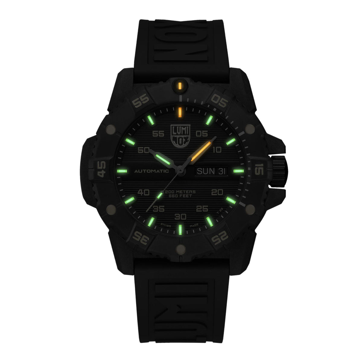 Men’s automatic watch front view with green luminous markers on black dial