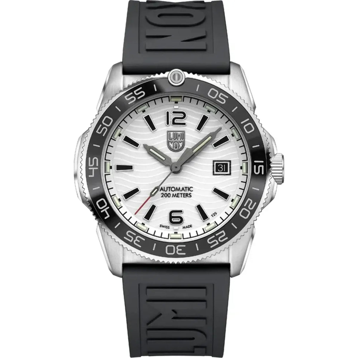 Men’s automatic dive watch with white dial, black bezel, rubber strap, date window at 3